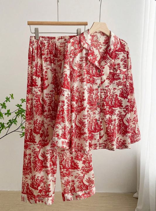 Pyjama Femme Soie Glacée Imprimé Encre – Élégance & Confort