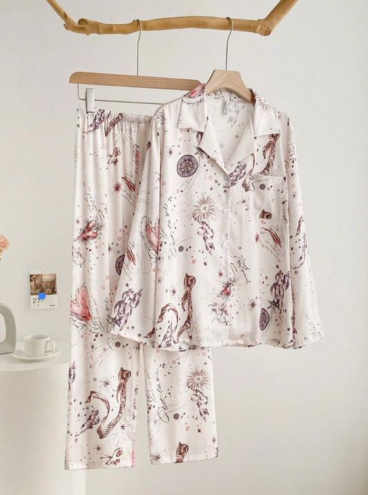 Pyjama Femme Satin Imprimé Rose – Ensemble 2 Pièces Élégant