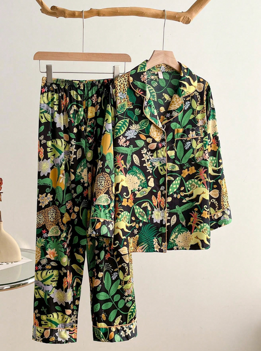 Pyjama Femme Satin Imprimé Léopard – Ensemble Chic Printemps