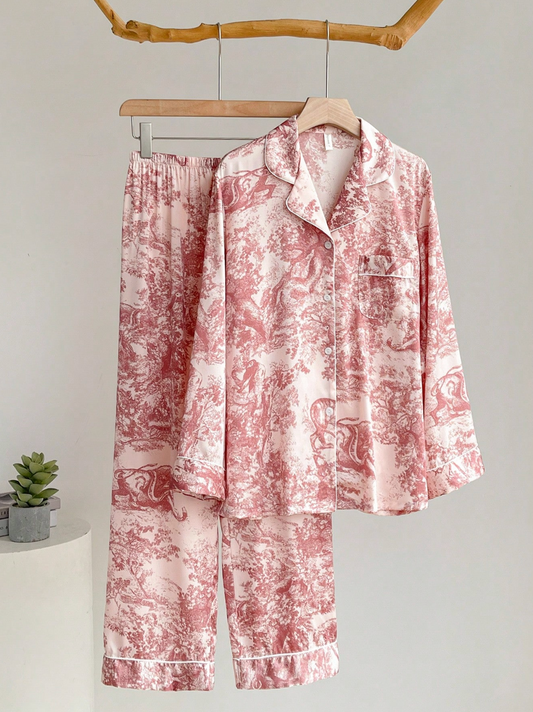 Pyjama Femme Satin de Soie Rose Imprimé – Ensemble Chic Manches Longues
