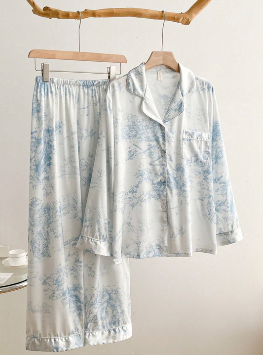 Pyjama Femme Satin de Soie Imprimé – Chemise & Pantalon 2 Pièces Élégant