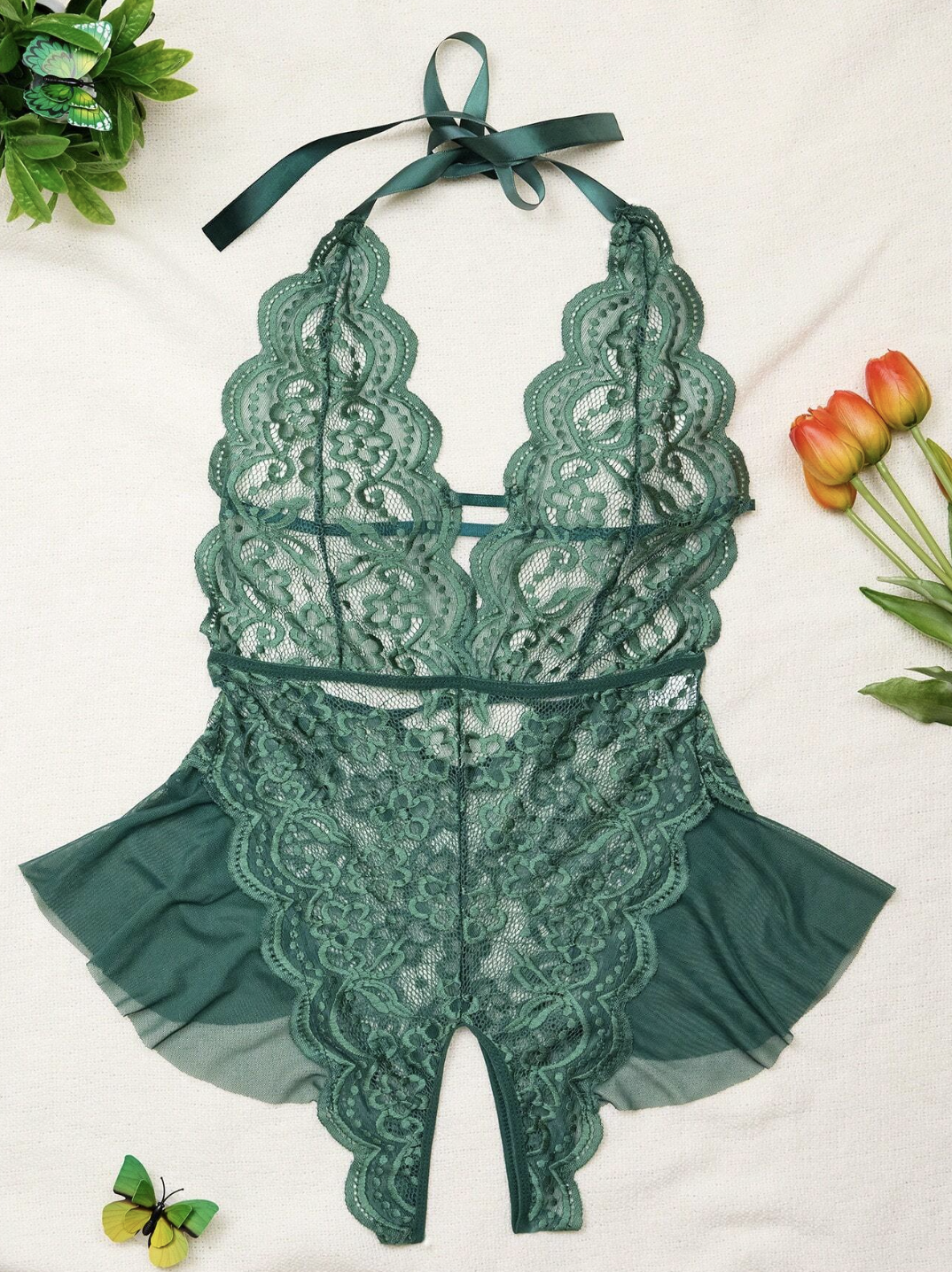 Body en dentelle verte sapin pour femme - Entrejambe ouvert - Collection Noël Lingeries Féminine.