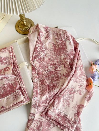 Pyjama Femme Satin de Soie Rose Imprimé – Ensemble Chic Manches Longues