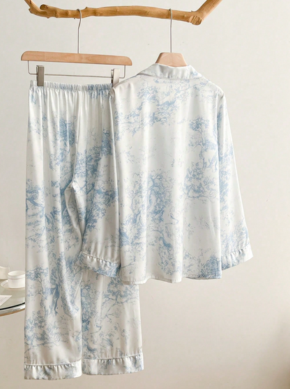 Pyjama Femme Satin de Soie Imprimé – Chemise & Pantalon 2 Pièces Élégant