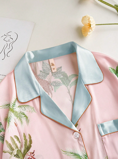 Pyjama Femme Satin Tropical – Imprimé Animal, Chemise & Pantalon