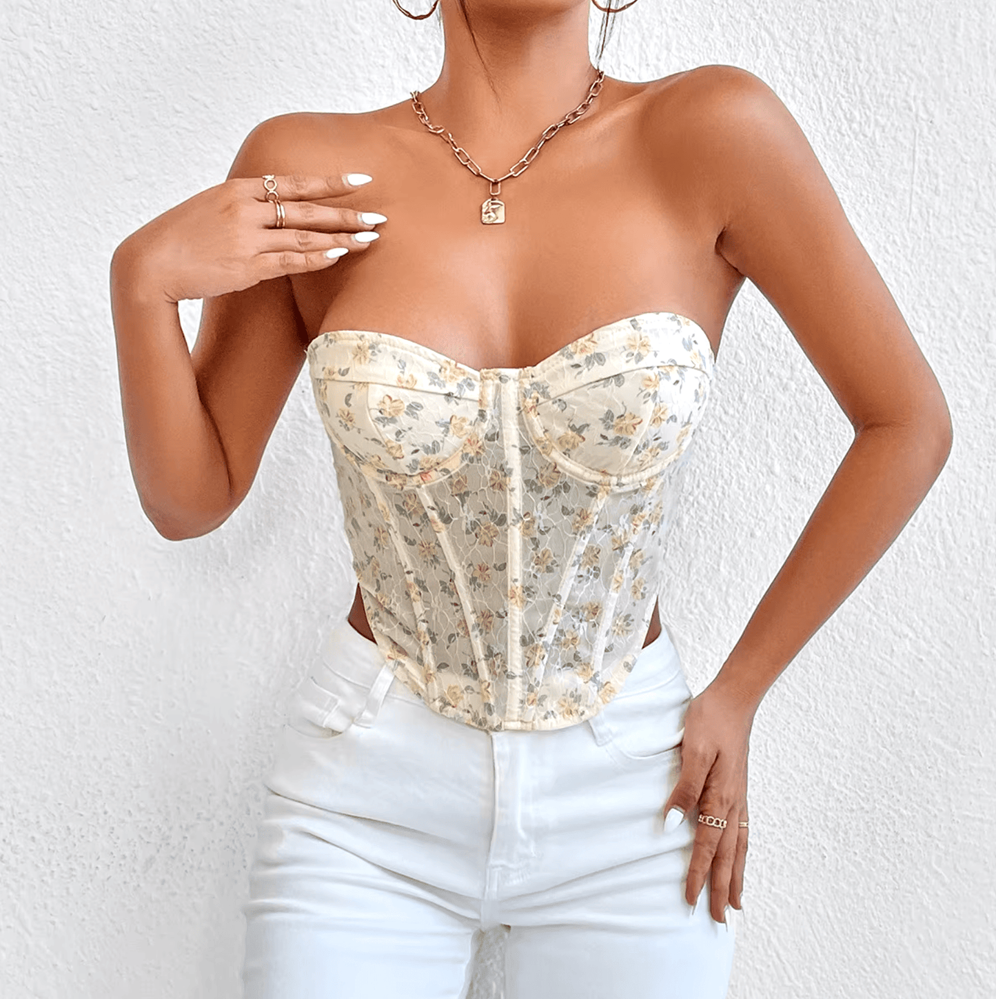Lingeries Féminine Corset S / Jaune Corset à Motifs Floraux