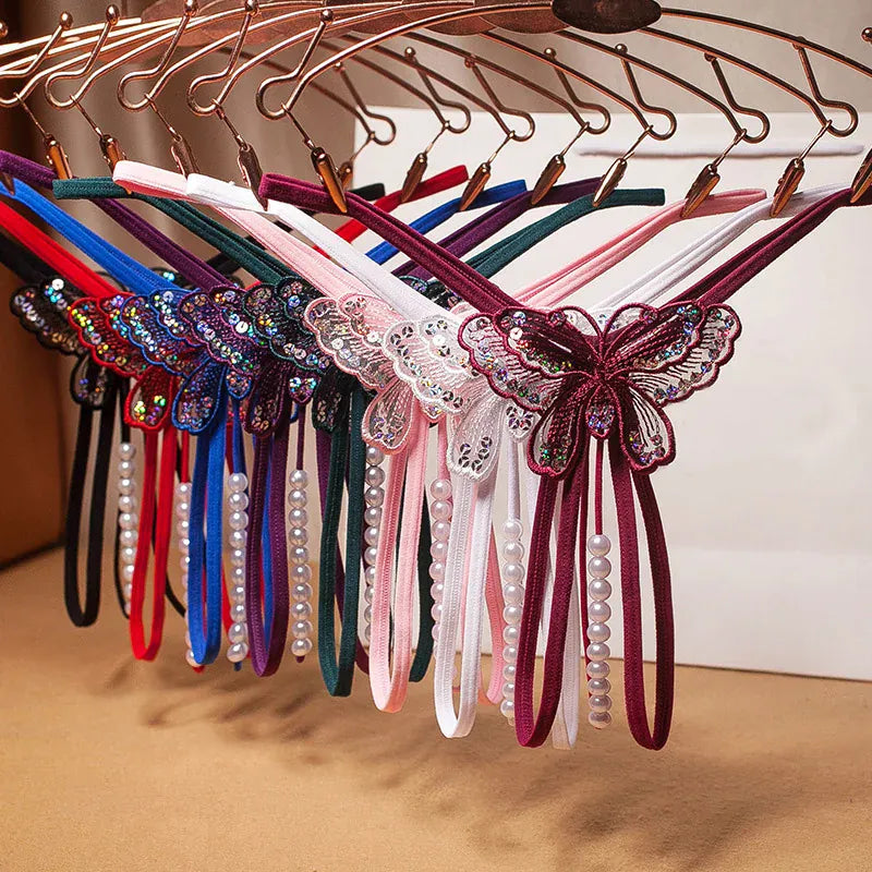 Lingeries Féminine Culotte brodée papillons avec perles