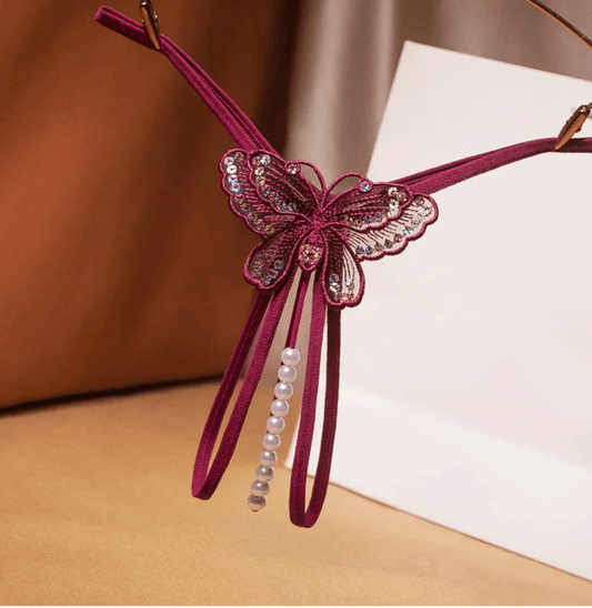 Lingeries Féminine Culotte brodée papillons avec perles