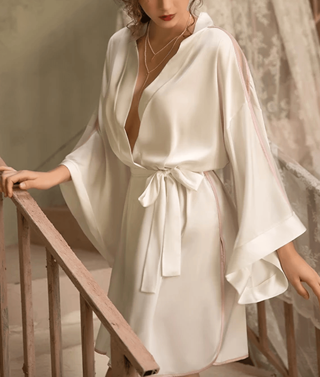 Lingeries Féminine Déshabillé Fendue en Satin Blanc