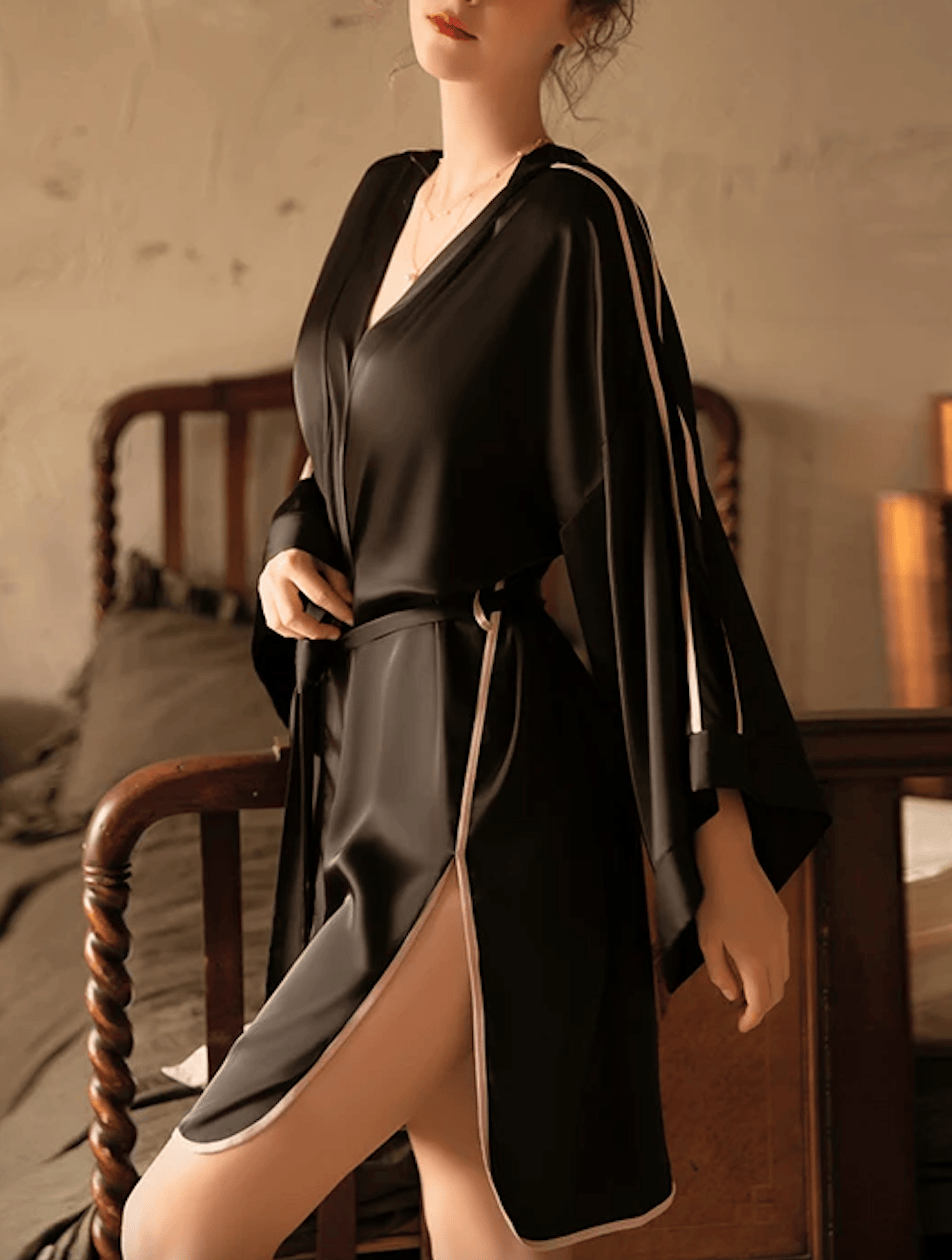 Lingeries Féminine Déshabillé Fendue en Satin Noir