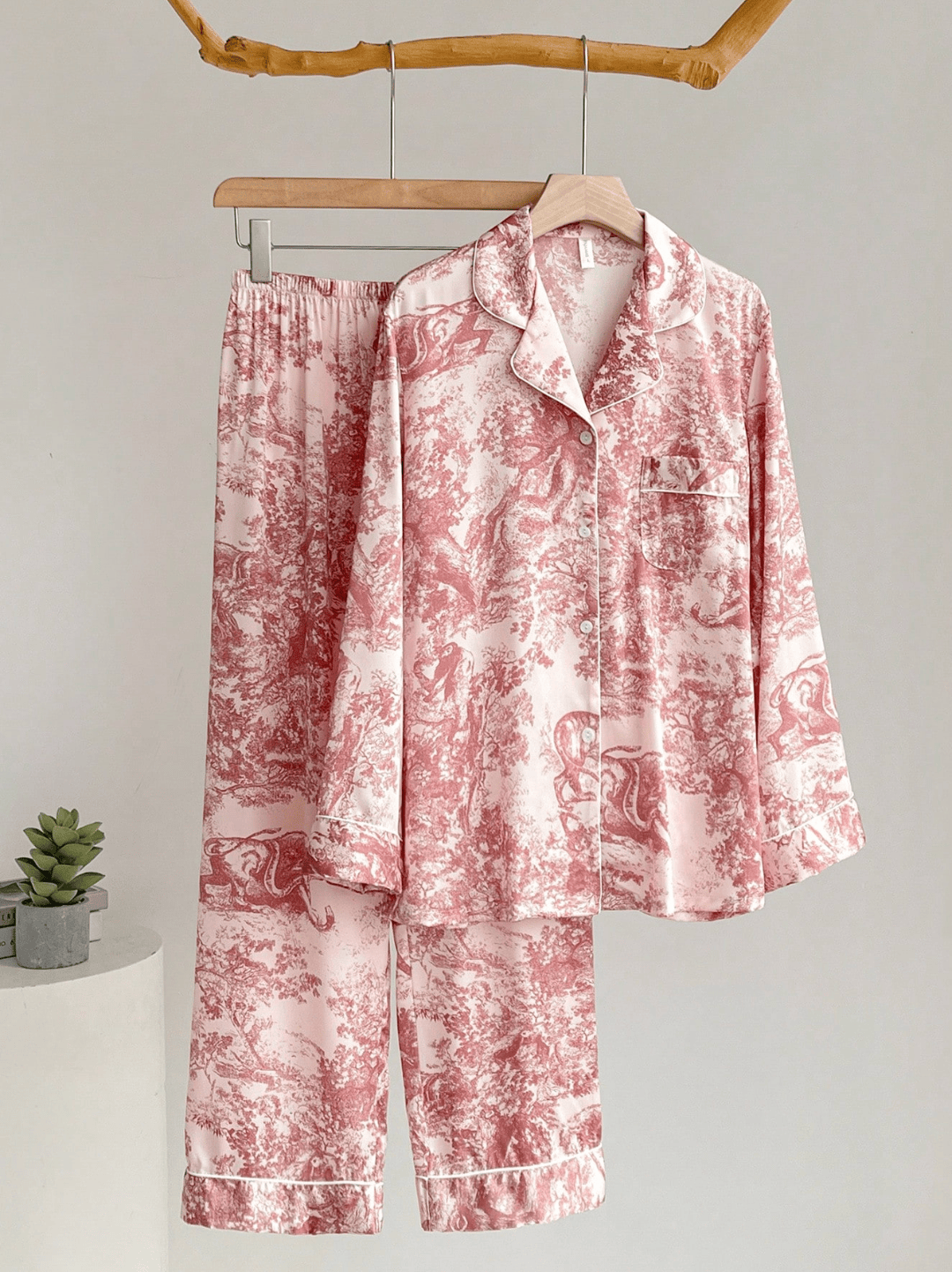 Lingeries Féminine Ensemble pyjama femme Pyjama Femme Satin de Soie Rose Imprimé – Ensemble Chic Manches Longues