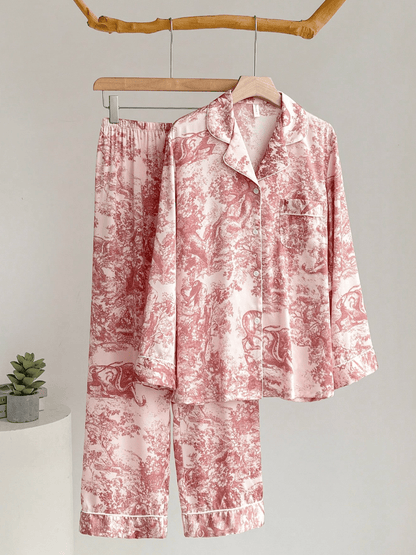 Lingeries Féminine Ensemble pyjama femme Pyjama Femme Satin de Soie Rose Imprimé – Ensemble Chic Manches Longues