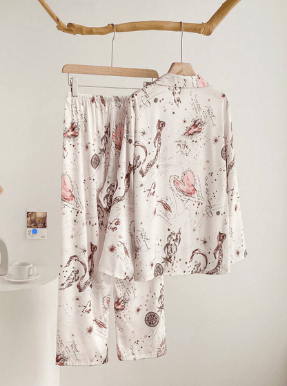 Lingeries Féminine Ensemble pyjama femme Pyjama Femme Satin Imprimé Rose – Ensemble 2 Pièces Élégant