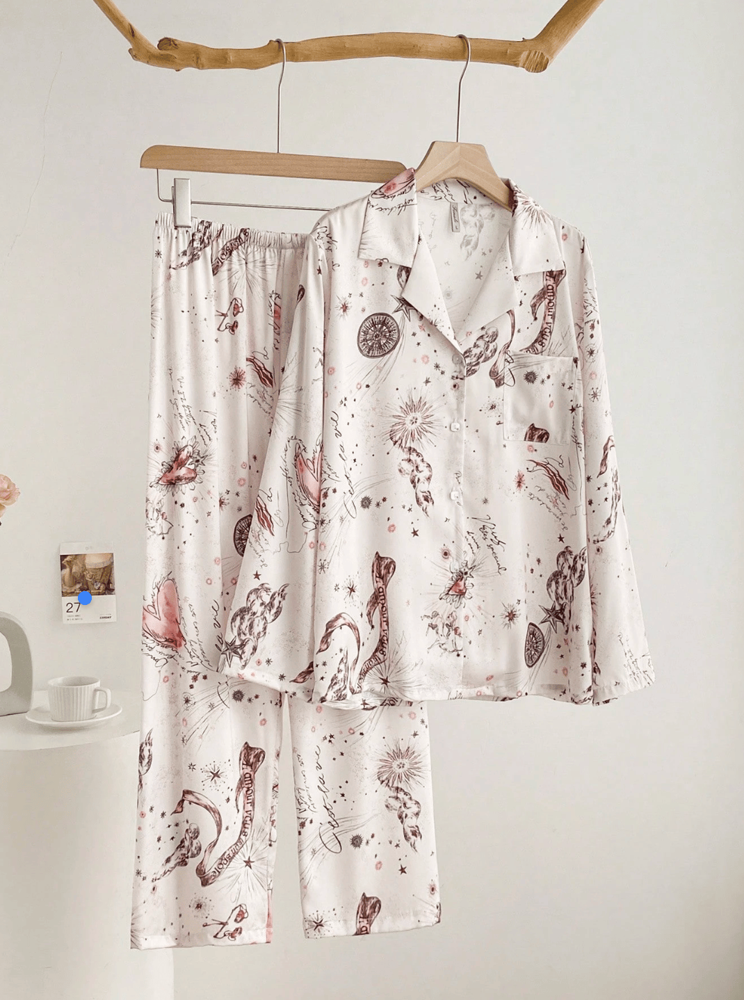 Lingeries Féminine Ensemble pyjama femme Pyjama Femme Satin Imprimé Rose – Ensemble 2 Pièces Élégant