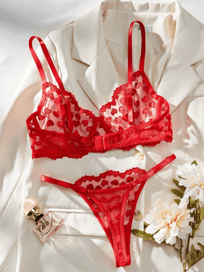 Lingeries Féminine Lingerie, Ensemble lingerie Ensemble de lingerie en maille rouge brodée avec cœurs