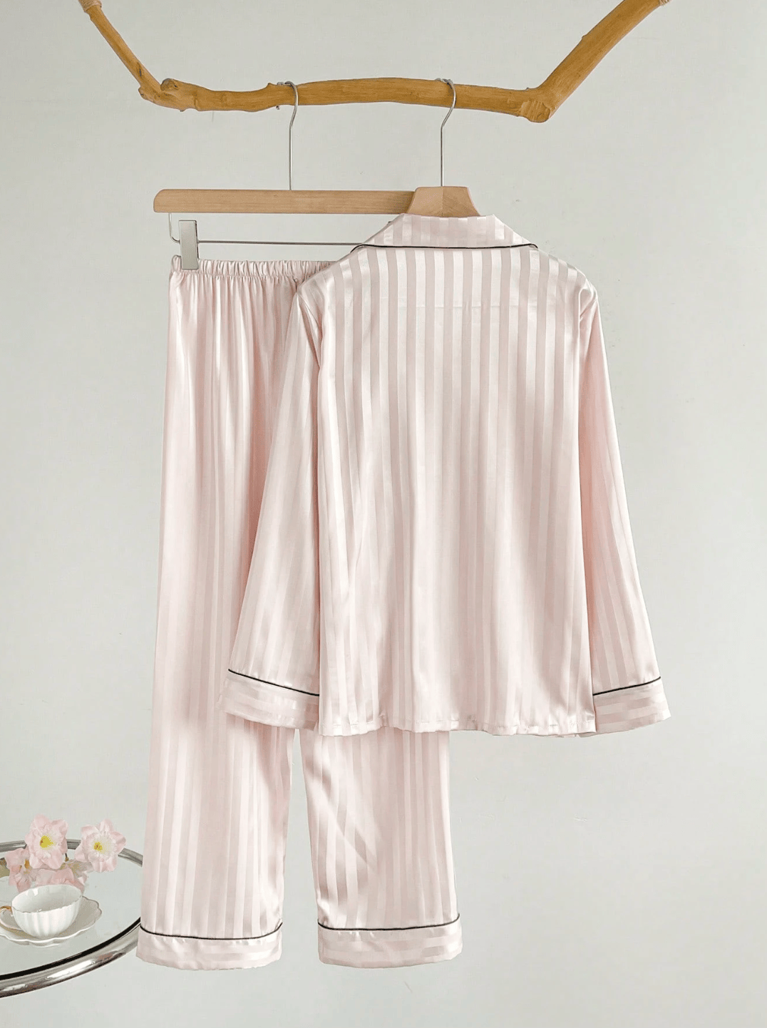 Lingeries Féminine Pyjama femme Pyjama Femme Rayures Roses – Haut Manches Longues & Pantalon