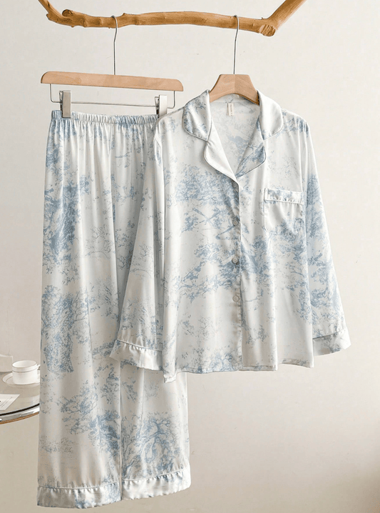 Lingeries Féminine Pyjama femme Pyjama Femme Satin de Soie Imprimé – Chemise & Pantalon 2 Pièces Élégant